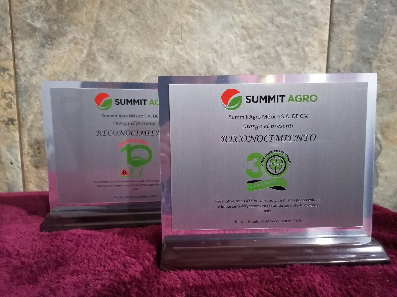 Reconocimientos de Summit Agro en placa de aluminio con impresión a color, marco pulido espejo y base de madera